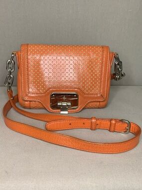 Cole Haan Orange  Perforated Leather Flap front Satchel Shoulder Bag Chain Strap